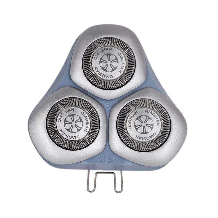 Three circular rotary shaver foils on a gray-blue replacement head with mounting clips