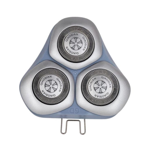 Three circular rotary shaver foils on a gray-blue replacement head with mounting clips