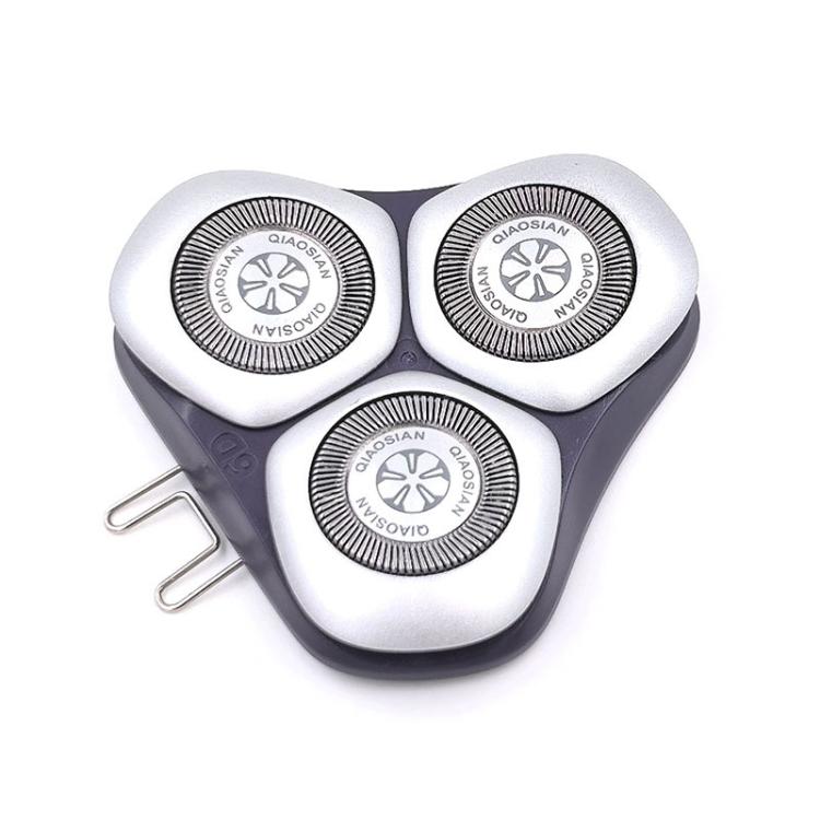 Rotary shaver replacement head, three silver foils on dark gray housing, angled view