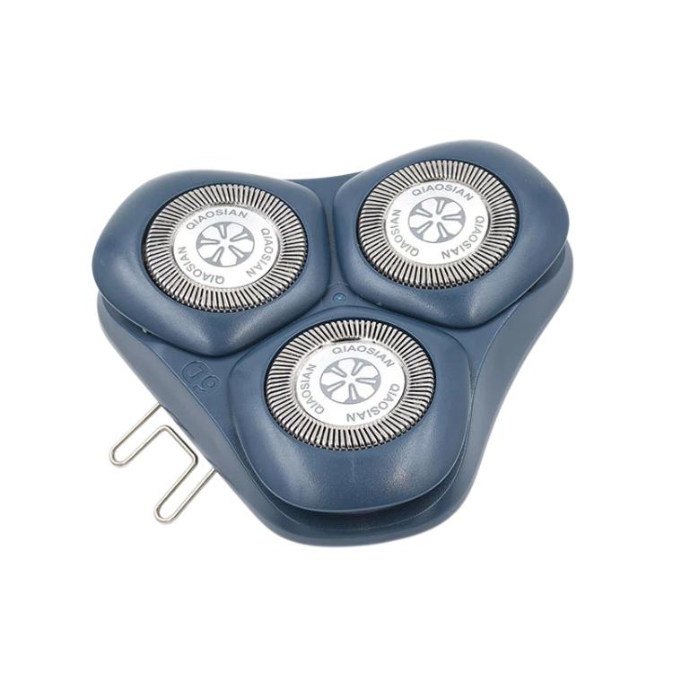Three-head rotary shaver replacement head with silver foils on blue housing, angled view
