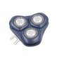Three-head rotary shaver replacement head with blue-gray housing and two side clips