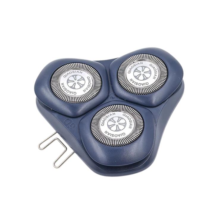 Three-head rotary shaver replacement head with blue-gray housing and two side clips