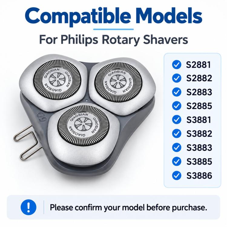 Three-head rotary shaver replacement head with metal foils and mounting clips