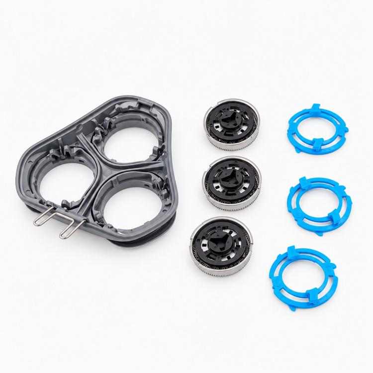 Replacement shaver head set with grey housing, black blades, and blue holder rings