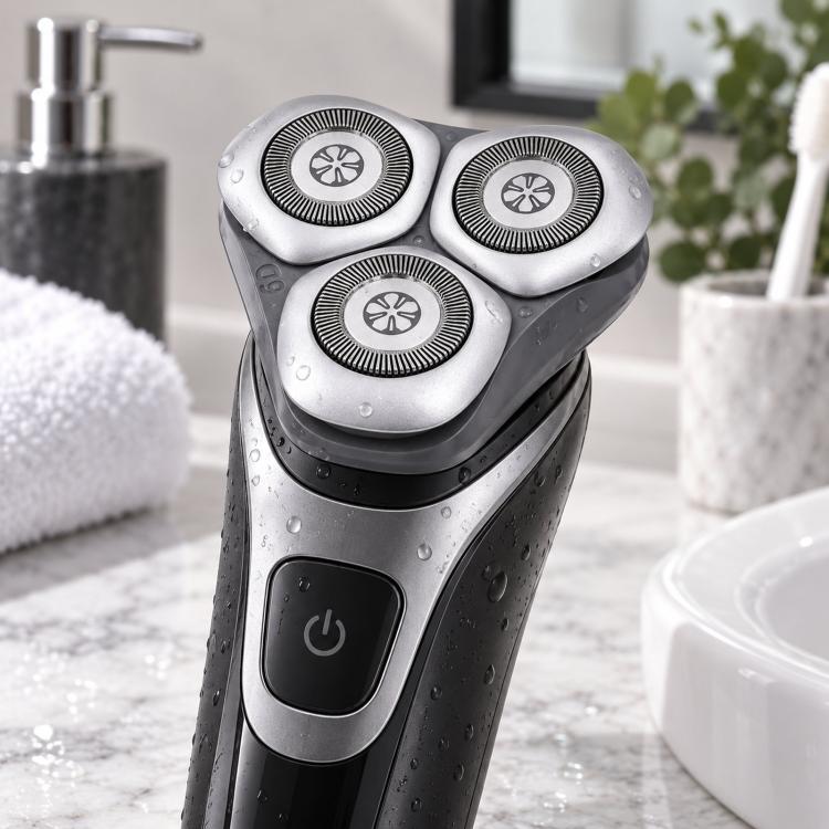 Three-head replacement shaver head assembly on a silver electric shaver