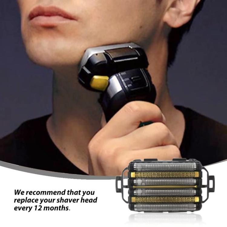 6-blade electric shaver foil cassette, gold-striped foils on black frame
