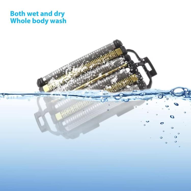 Foil cassette for wet/dry shaving, gold-striped silver mesh foils in black holder