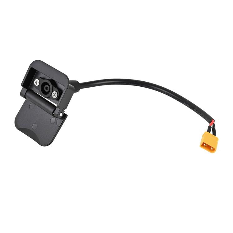 Charging port assembly with black mount, cable, and yellow silicone plug tip