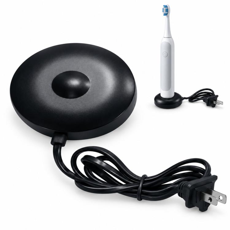 Magnetic charger base with black round stand and US 2-prong power plug, attached cord