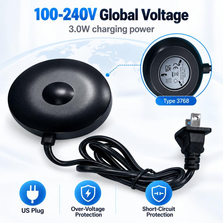 Magnetic charger base with black round design, US 2-prong plug, and attached cable