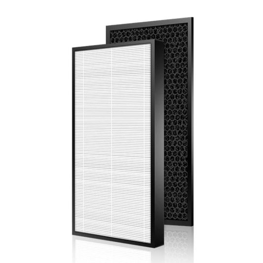 Air purifier filter set with white pleated HEPA panel and dark carbon honeycomb sheet