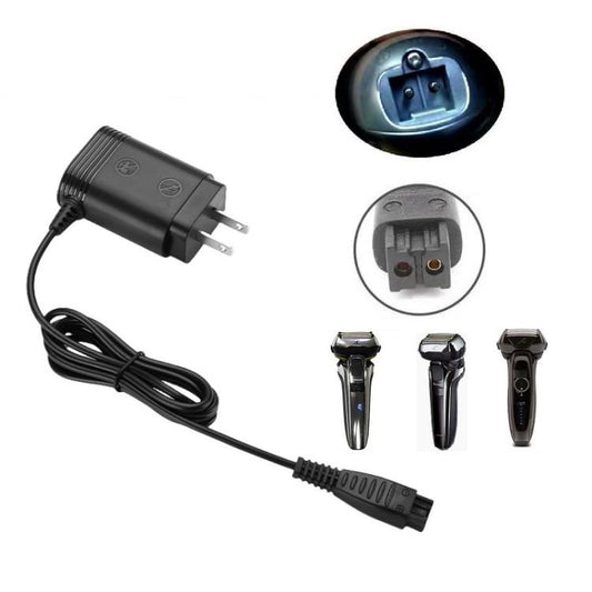 4.8V shaver charger adapter with US plug, black cable, and razor charging attachments