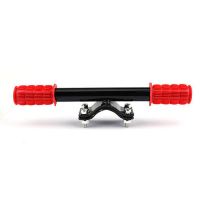 Red rubber handlebar grips with black crossbar and mounting clamp