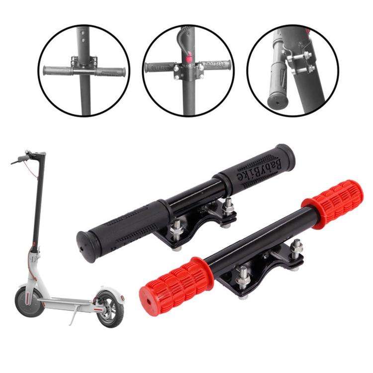 Handlebar grip set with stem clamp on black bar, red and black grips