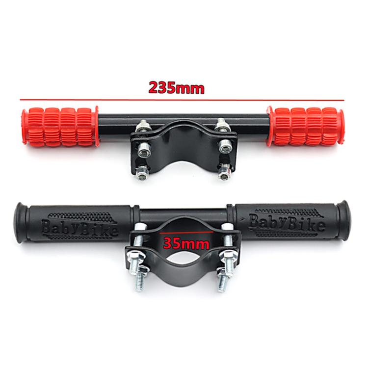 Red and black rubber handlebar grips with front adjustment band and clamp