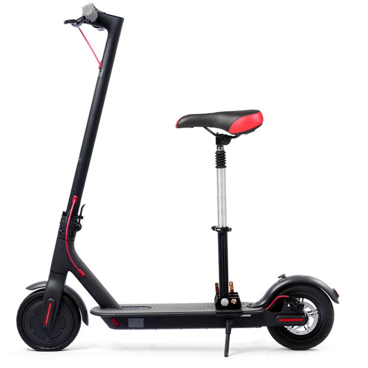Electric scooter adjustable seat with black and red saddle on silver shock suspension post