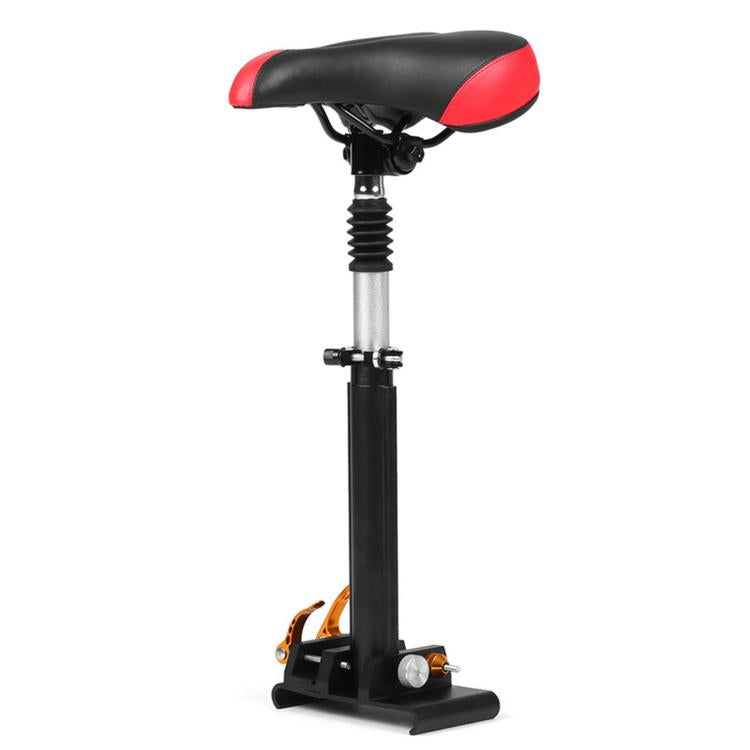Electric scooter saddle with adjustable clamp and spring shock absorber, black and red