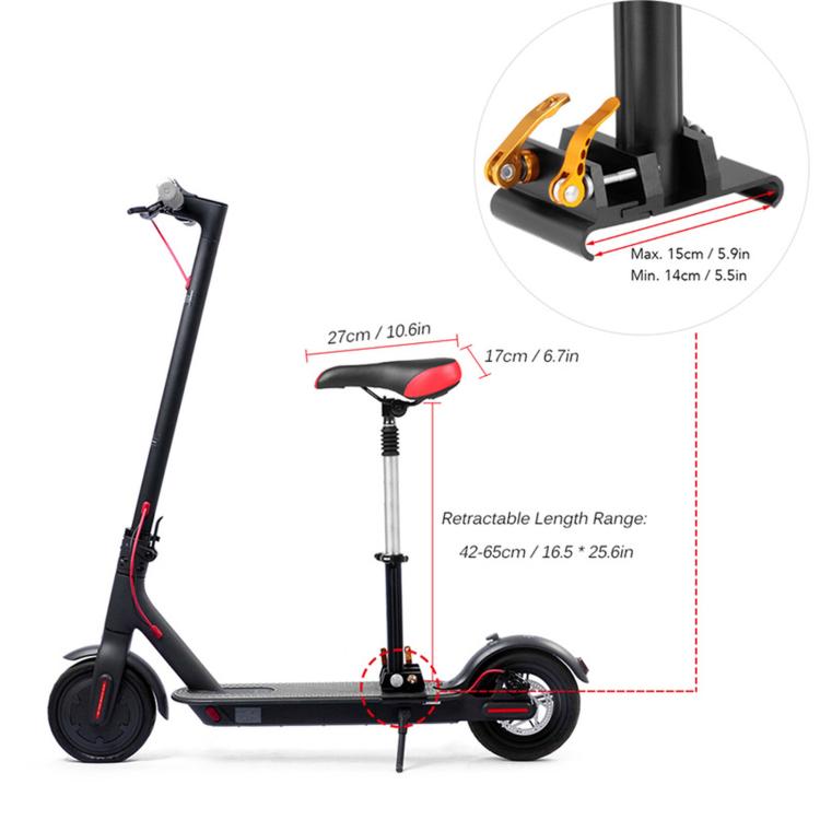 Adjustable scooter seat with retraction and height range diagram on the silver post