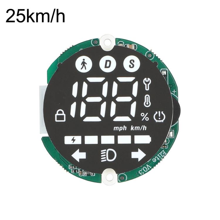 Electric scooter dashboard circuit board with 25km/h speed display, black screen, green PCB