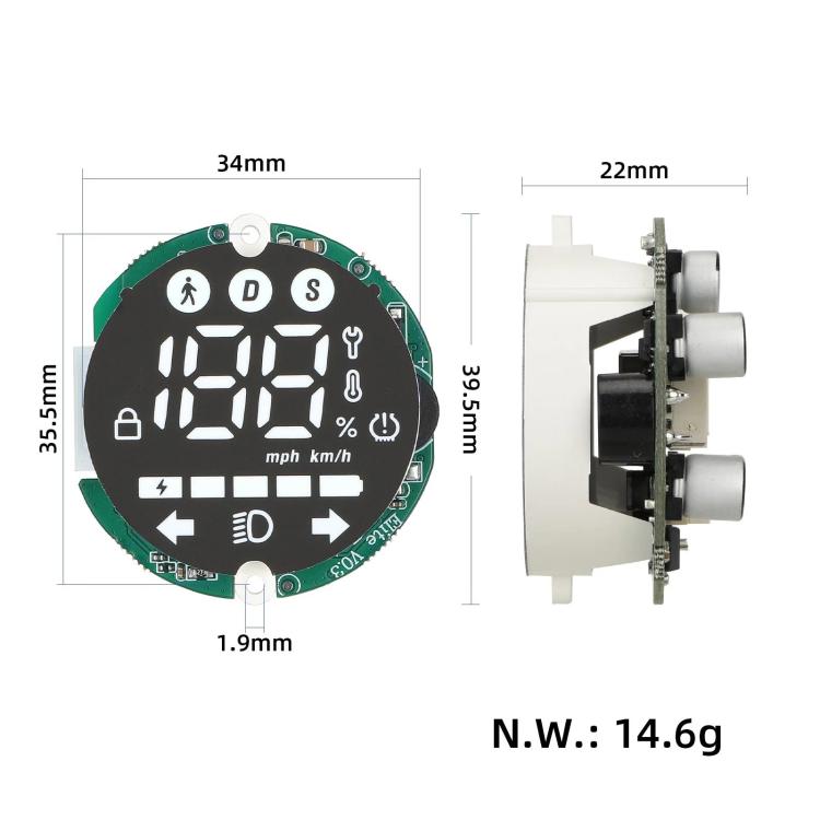 Electric scooter dashboard circuit board dimensions 34x35.5mm, weight 14.6g, side view