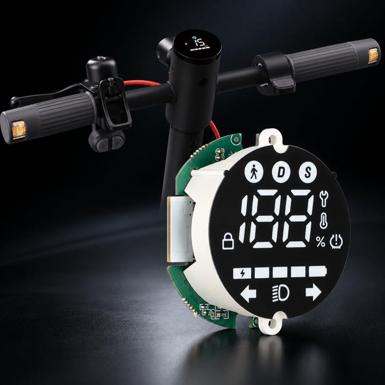 Electric scooter dashboard circuit board with digital speed display, mounted on handle assembly