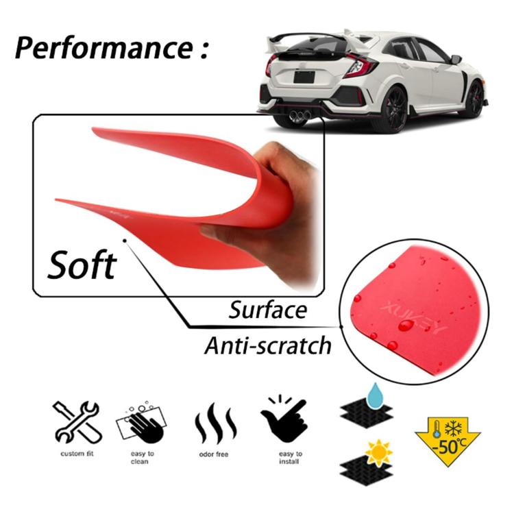 Red splash guard with soft anti-scratch surface shown by hand and icons