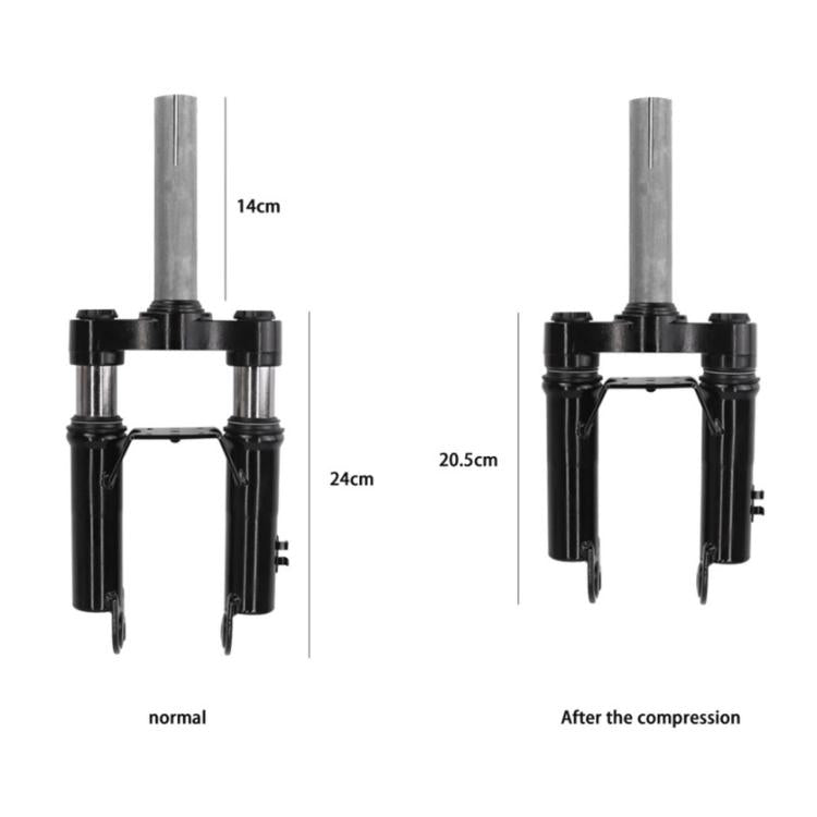 Black front suspension fork shock absorber showing normal vs compressed height