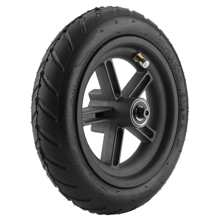 Pneumatic scooter rear wheel with black tire and rear hub, spokes and axle nut