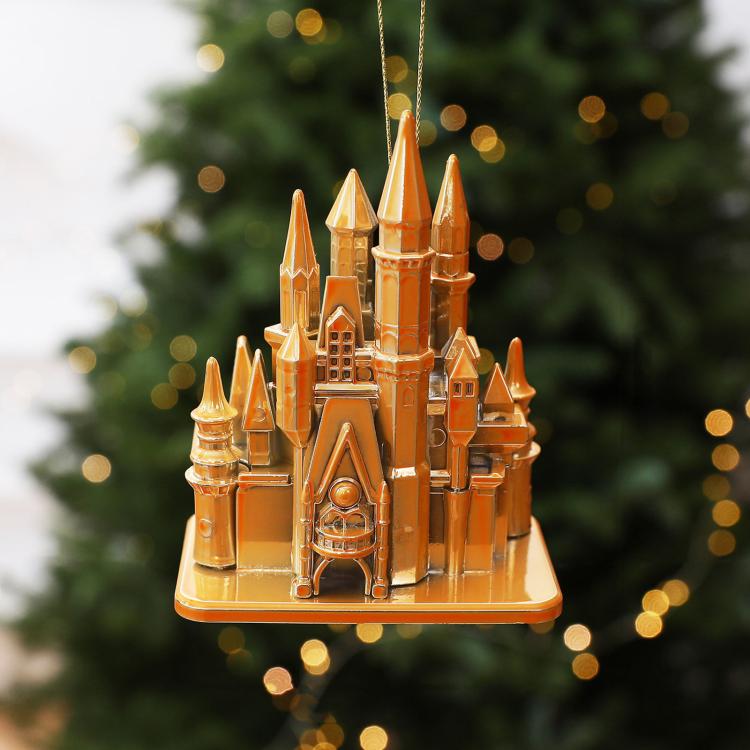 Gold castle Christmas ornament with hanging chain loop, acrylic 3D building design