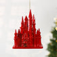 Red castle Christmas ornament with hanging chain loop, acrylic 3D tower building design