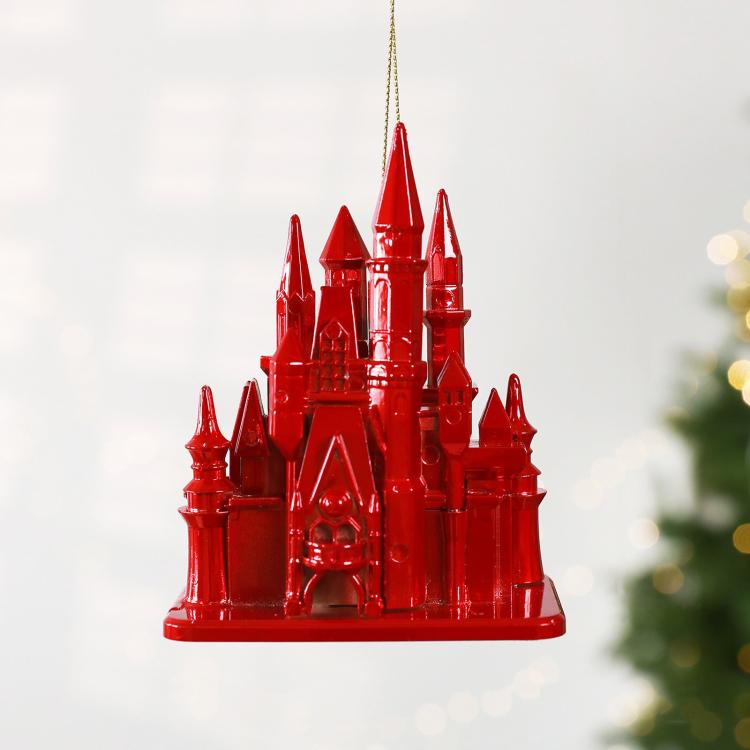Red castle Christmas ornament with hanging chain loop, acrylic 3D tower building design