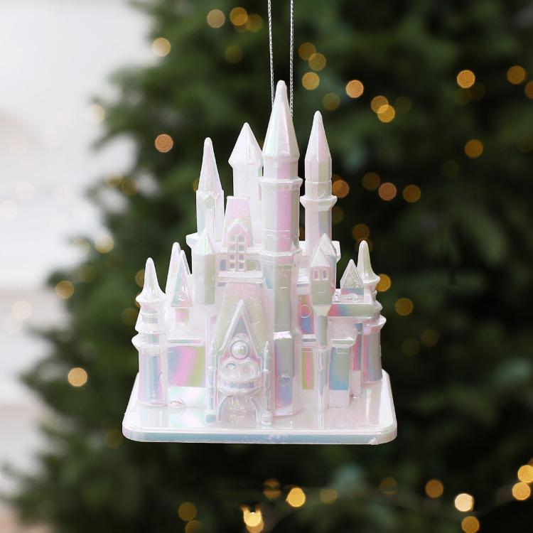 White castle Christmas ornament with hanging chain loop, acrylic 3D fairytale tower design