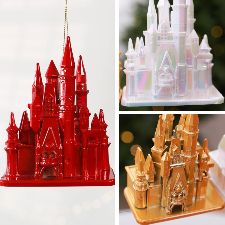 Castle ornament collage: red and white main, gold acrylic hanging building decor
