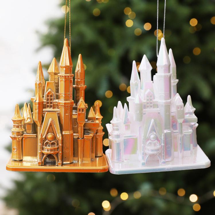Hanging acrylic castle ornaments: gold and white 3D fairytale building with chain loops