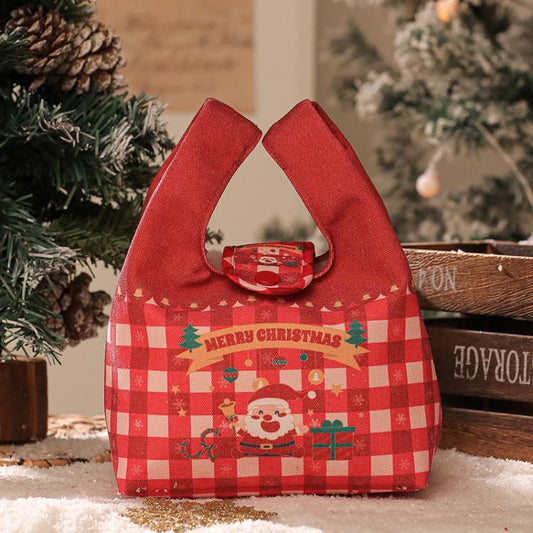 Christmas mini tote bag in red and white plaid with Santa graphic and snap button