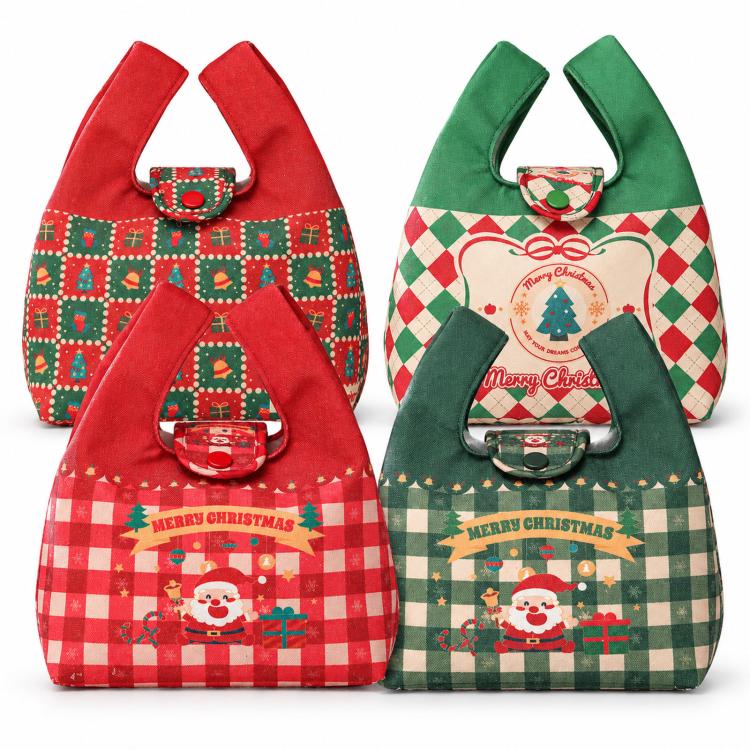 Christmas Canvas Mini Tote Bag Small Holiday Treat Bag with Snap Button