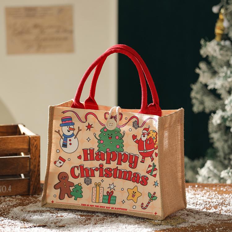 Jute Christmas tote bag with red handles, “Happy Christmas” print, button closure