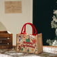 Jute Christmas tote bag with red handles and festive “Happy Christmas” front print