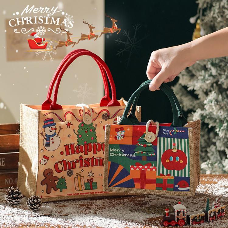 Pair of jute Christmas tote bags with red and green handles, festive seasonal prints