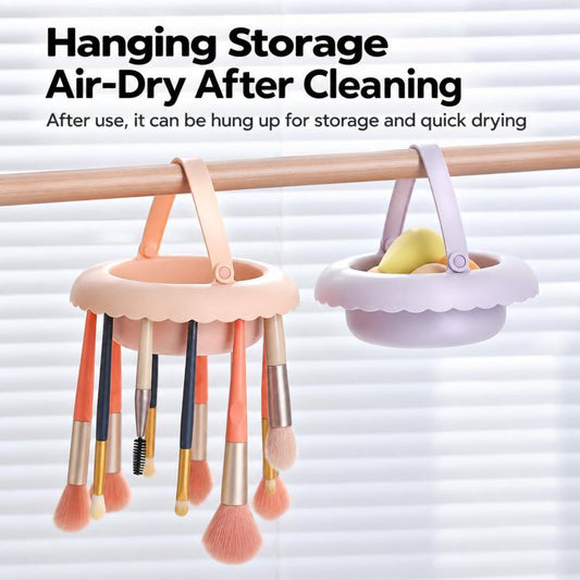 Hanging makeup brush drying rack with two silicone storage bowls and handles
