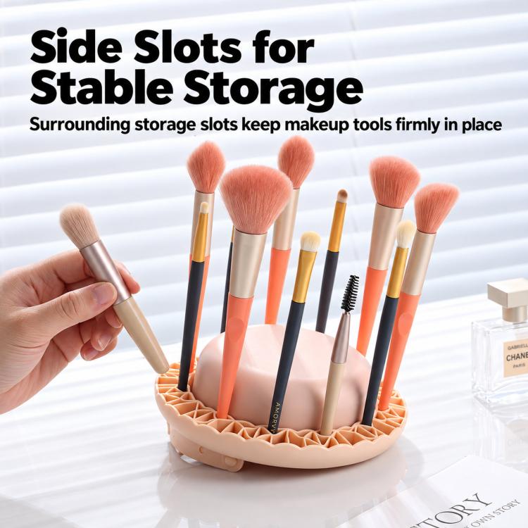 Beige silicone brush holder with side slots for storing multiple makeup tools
