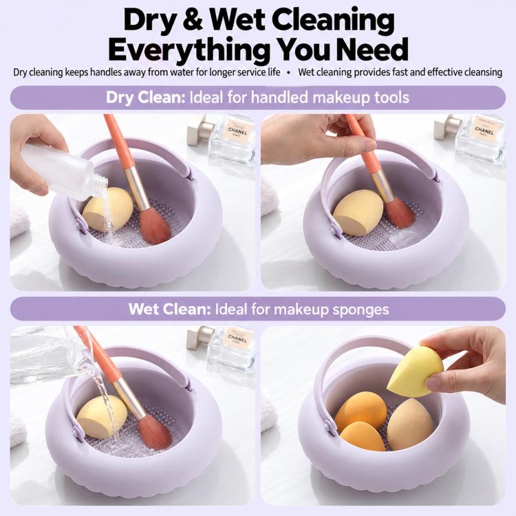 Purple silicone brush cleaning bowl for dry and wet cleaning and air-drying