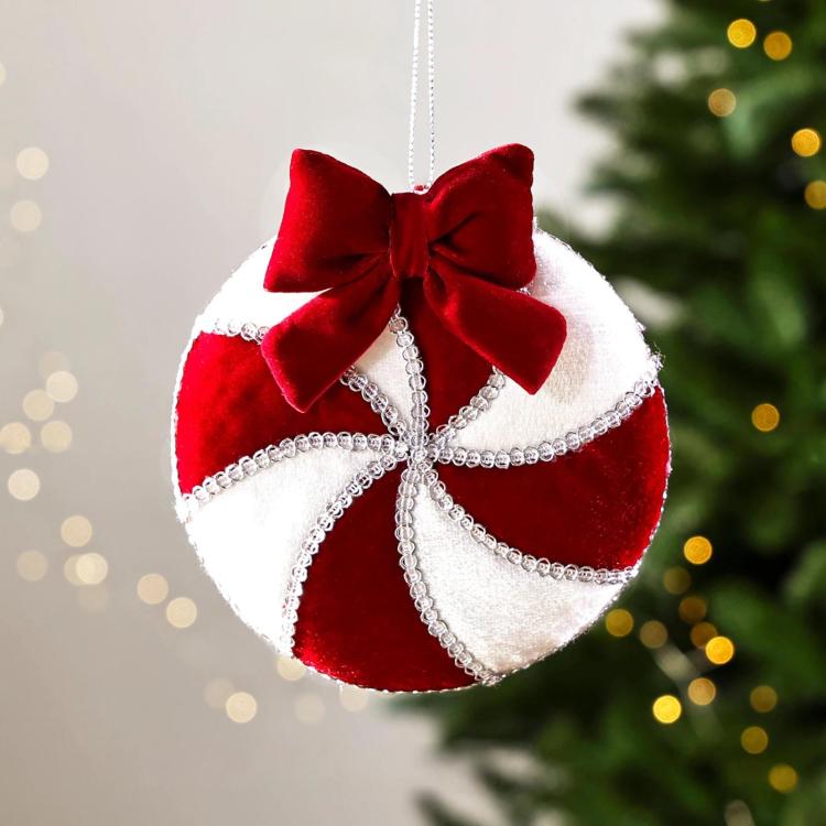 Plush hanging Christmas ornament ball, red and white with silver trim and bow
