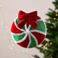 Plush hanging Christmas ornament ball, red and green with silver braid trim and bow