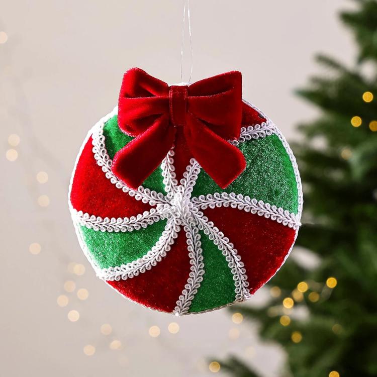 Plush hanging Christmas ornament ball, red and green with silver braid trim and bow