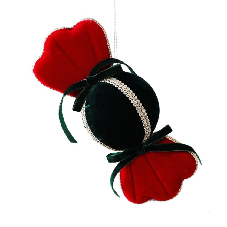 Velvet candy ornament with dark green/black ends, white center, gold trim and black ribbon
