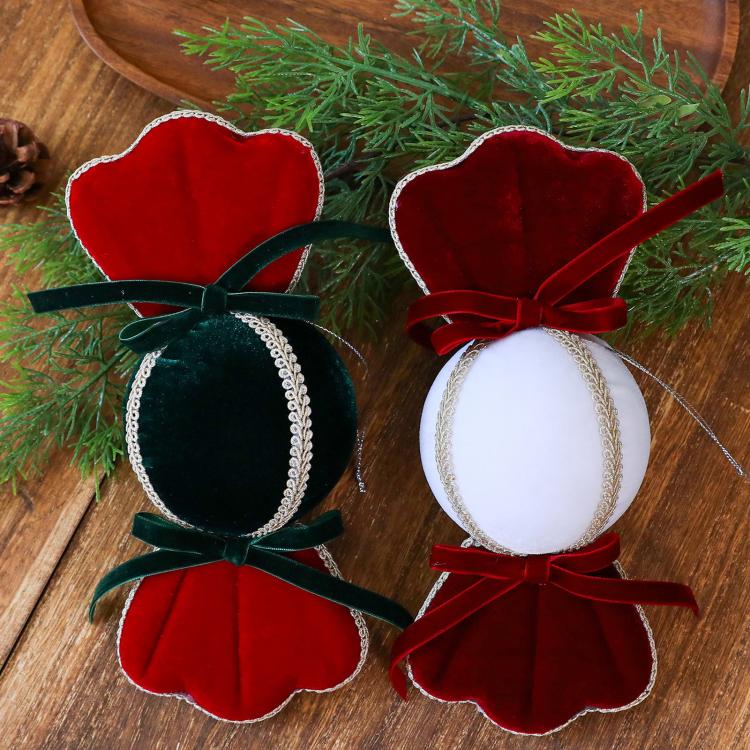 Set of velvet candy ornaments: red and dark green/black with white centers and ribbon loops
