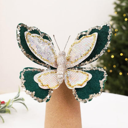 Double-layer sequin butterfly ornament, dark green and gold with glitter center loop