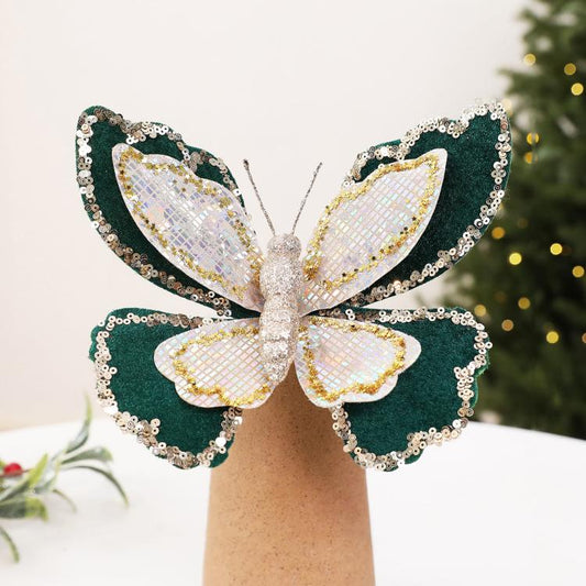 Double-layer sequin butterfly ornament, dark green and gold with glitter center loop