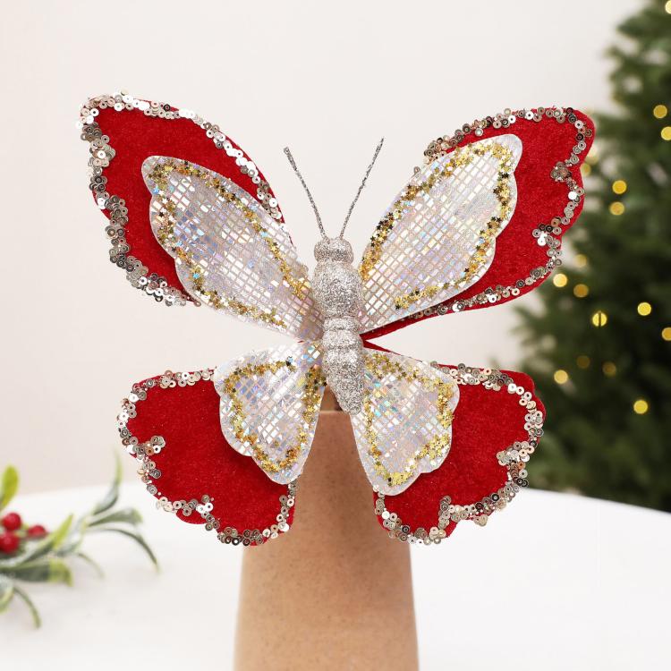 Double-layer sequin butterfly ornament, red and gold with glitter center loop